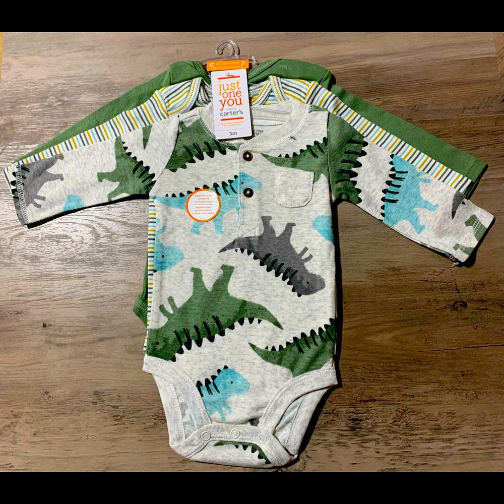 Carters 3pc Set Dinosaur Onesies Stripes Roar Size 0-3 Months (NWT)